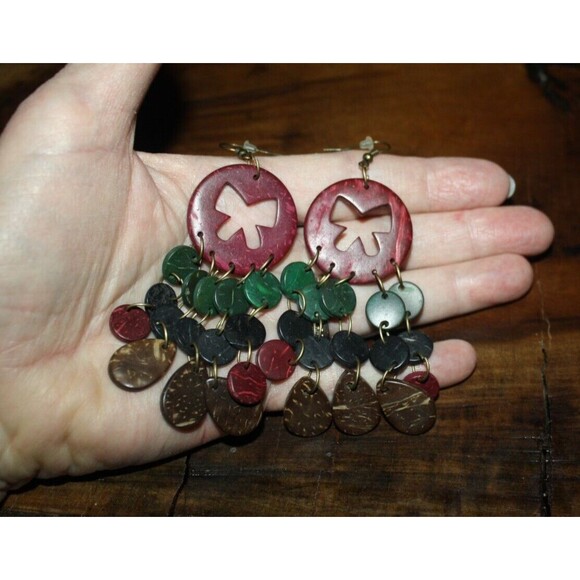 Woman's Colorful Boho Dangle Earrings Bow Center Maroon Green Pink Black Jewelry - Picture 3 of 3
